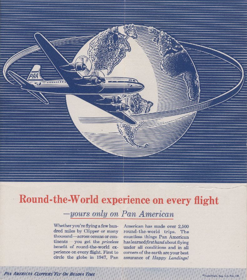 1956, July, A Pan American timetable ad promoting Round the World service.